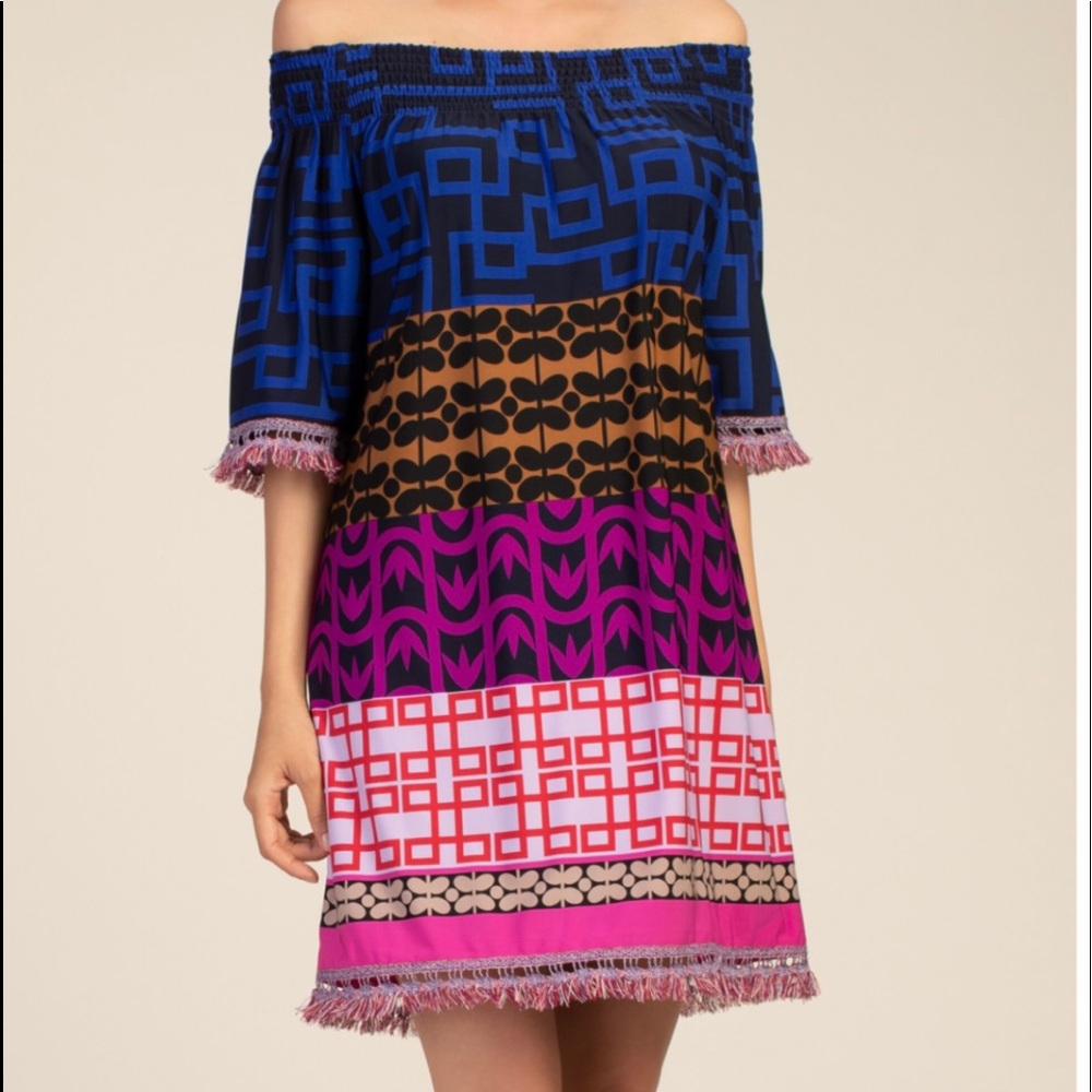 Trina Turk dress, off shoulder, fringe, XL